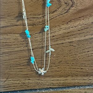 Gold Flower & Turquoise Chip Layered Necklace - Women's Jewelry